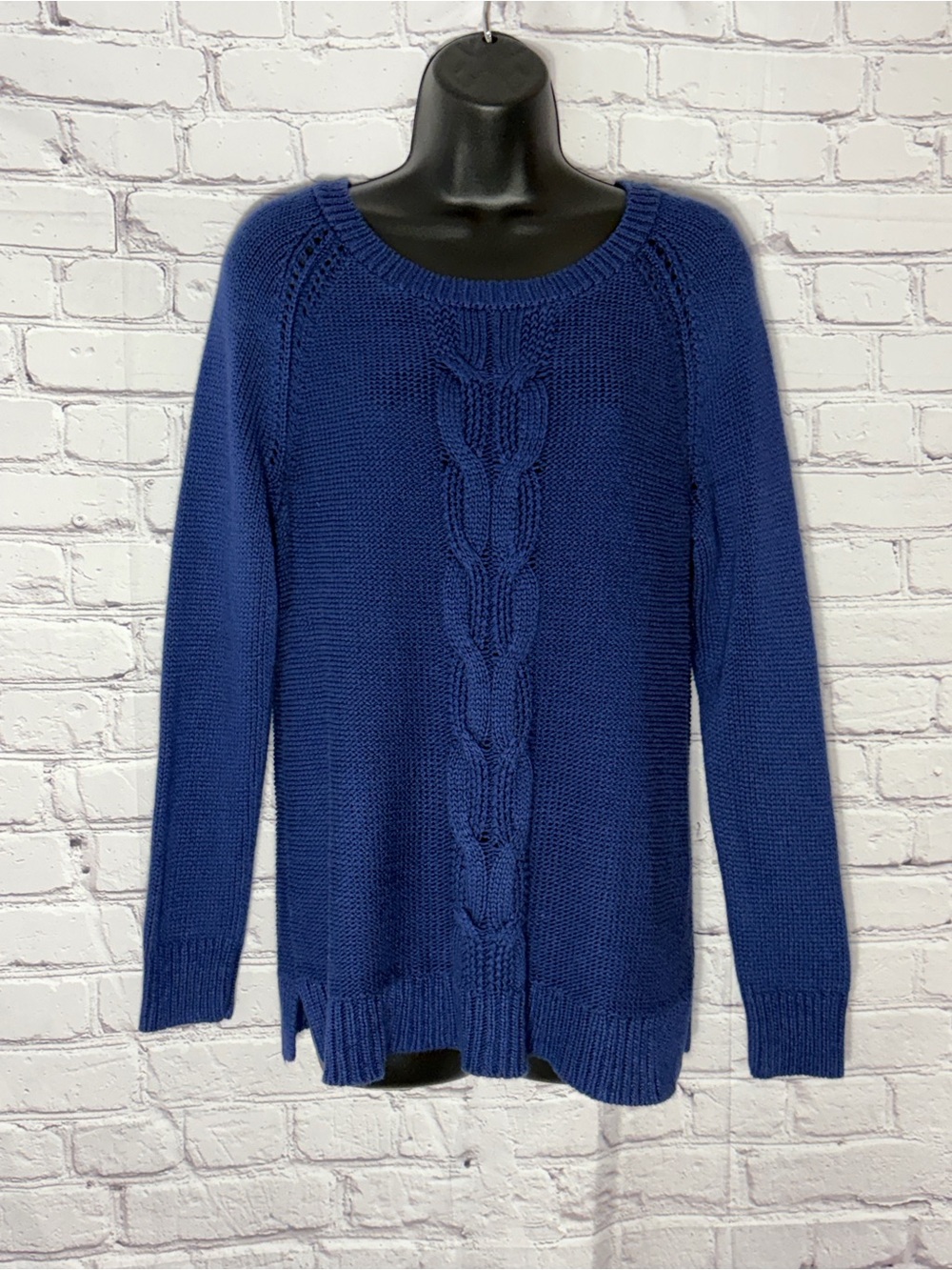 APT 9 Women's Cable Knit Tunic Sweater Blue Ribbed Trim Size XL Scoopneck Raglan
